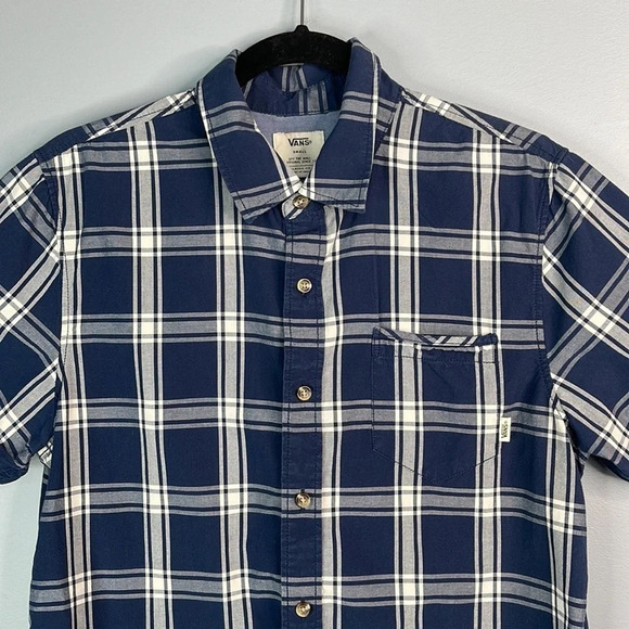 VANS Mens Stafford Plaid Button Down Shirt Classic Fit Navy Logo Skater Size S - Picture 3 of 12